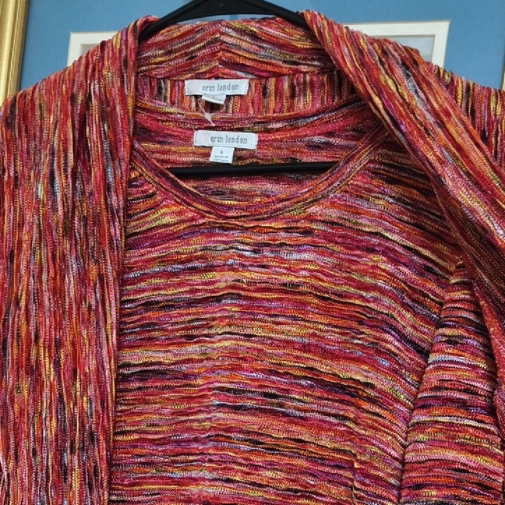 Colorful 2Piece Metallic Cardigan And Long Sleeve Top Career Coastal Grandma - Picture 8 of 12